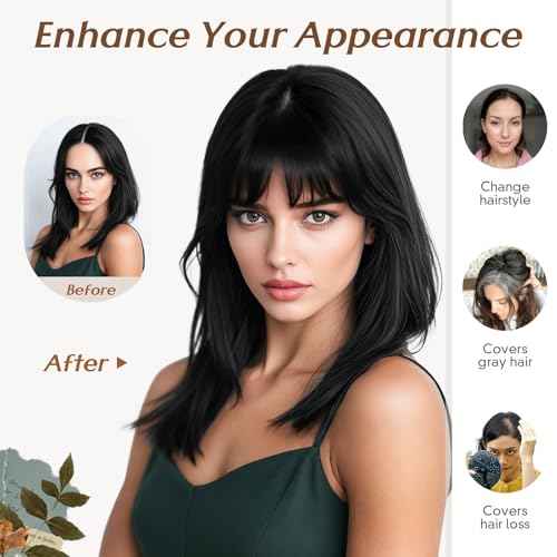 Rich Choices Hair Toppers for Women Real Human Hair 360¡Æ3D Clip in Bangs 100% Remy Human Toppers with Bang for Thinning 150% Density Upgrade Extended 2"*6"Lace Base 08 Inch #01 Jet Black