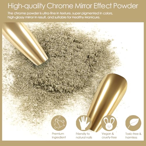 Allstarry Champagne Gold Chrome Nail Powder - Metallic Mirror Pigment for Nails