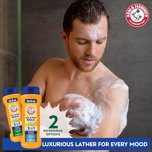 Arm & Hammer Essentials Mens Body Wash - Ultra Max 3-in-1 Cool Water 22.5oz - Mens 3 in 1 Shampoo Conditioner Body Wash - Non Toxic Body Wash