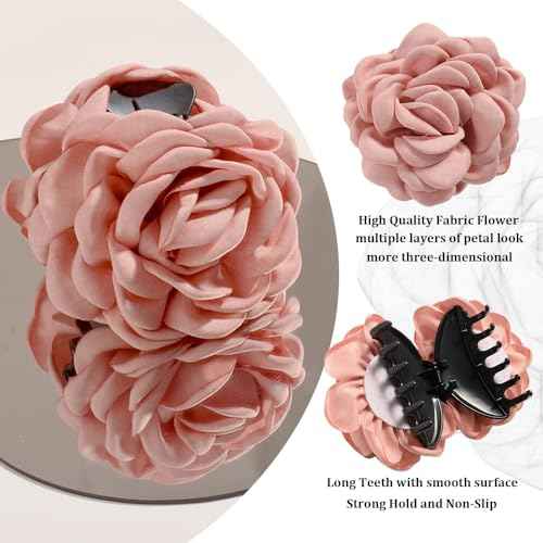 4pcs Handmade Fabric Rose Flower Hair Claw Clip for Women Girls, 3.94" Large Boho Hawaiian Floral Hairpins Barrettes for Thick Thin Hair Styling Accessories(Red Pink)
