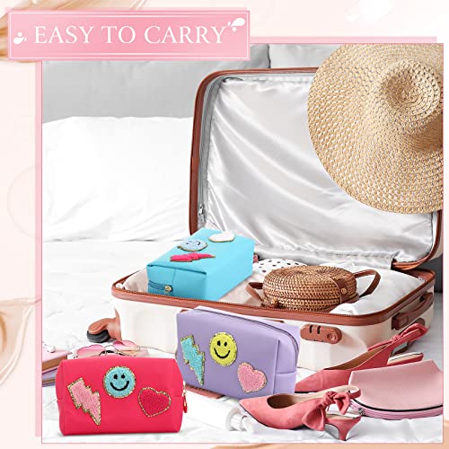 Chunful 9 Pcs Preppy Makeup Bag PU Leather Cosmetic Bag Bulk Makeup Plain Pouch Waterproof Toiletry Purse for Women Traveling Pencil Case Valentine's Day Gifts(Multicolor,Smile, Lightning, Heart)