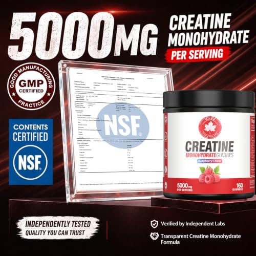 GABE SUNNYBEARS Raspberry Creatine Monohydrate Gummies 5000mg - Large Bottle, 160 Count, NSF Certified, Muscle & Strength Support for Men & Women