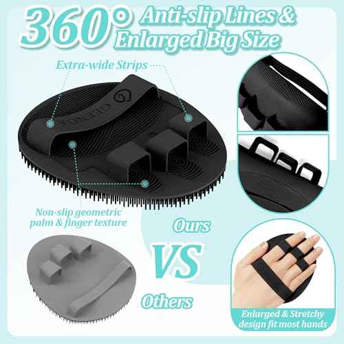 Silicone Back Scrubber & Bath Glove Set 2PCS, 13.4'' Gentle Shower Back Scrubber with Dual-Side Head Non-Slip Handle, 360¡Æ Anti-Slip Hand-fit Bath Glove for Rich Foaming Deep Cleaning(Black)