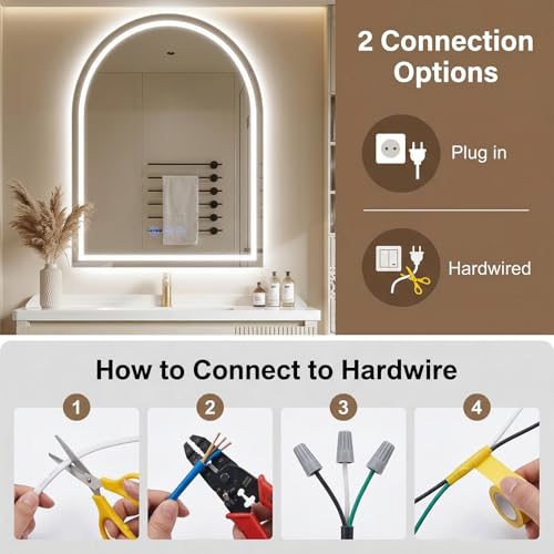 Antok 24x36 Inch Arched Wall-Mounted LED Bathroom Vanity Mirror with Lights, Dimmable & Anti-Fog, White Variation