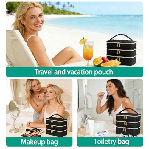 Travel Makeup Bag for Women Three Layer Large Cosmetic Case Water-resistant Toiletry Bag Organizer for Store Toiletries Cosmetic Accessories and Manicure Sets Black