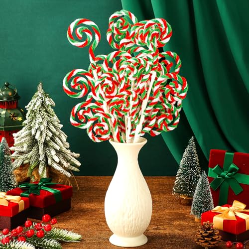 Gerrii 16 Inch Red White Green Christmas Tree Picks Decoration Candy Cane Woolen Bells Curly Pick Lollipop Large for Xmas Tree Topper Decor Vase Filler Craft Wreath Holiday Party Ornament (12 Pcs)