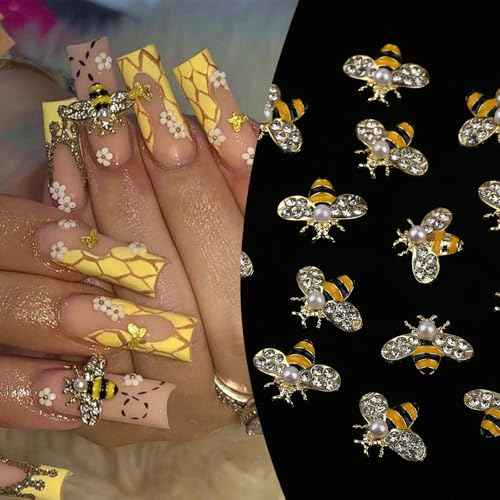Tiny Bee Nail Art Charms Resin Cartoon Daisy Flower Nail Gems 3D Gold Alloy Bees Jewelry Charms for Nails, Spring Summer Daisy Sunflower Nail Rhinestones for Women DIY Nail Decoration 60Pcs