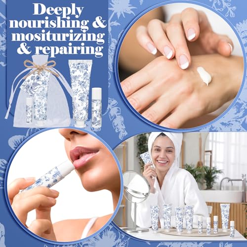 Loopeer 24 Sets Blue Floral Bridal Shower Hand Cream and Lip Balm Gift Bulk Blue Flower Wedding Favors Travel Size Hand Lotion and Lip Balm Wedding Bridal Baby Shower Party Supplies for Guests