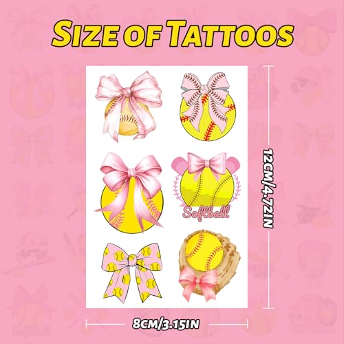 Pink Coquette Bows Softball Temporary Tattoos - 12 Sheets