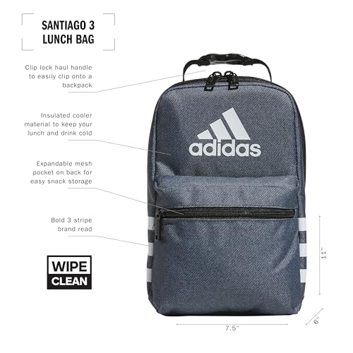 adidas Santiago Insulated Lunch Bag (6.5L) with Clip Lock Handle, Twill Onix Grey/Black, One Size