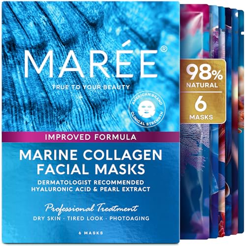 MAREE Collagen Facial Mask with Hyaluronic Acid ? Sheet Face Mask Skincare ? Centella Asiatica, Green & Red Algae Extract ? Hydrating Facemask For Women Skin Care ? Mascarillas Para La Cara ? 6 Count