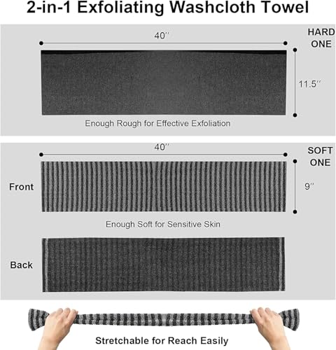 Yiclick 2-Pack Exfoliating Body Scrubber Washcloth, 40-Inch Back Scrub Towel