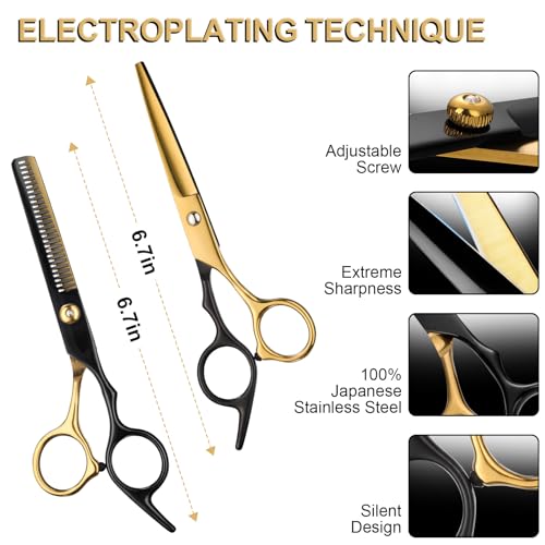 9 Pcs Sharp Hair Cutting Scissors Kit, Stainless-Steel 6.7‘’ Barber Scissors Professional Set, Multifunctional Thinning Shears for Hair Cutting, Wigs Texturizing Tools for Women Men Home Salon(Gold)