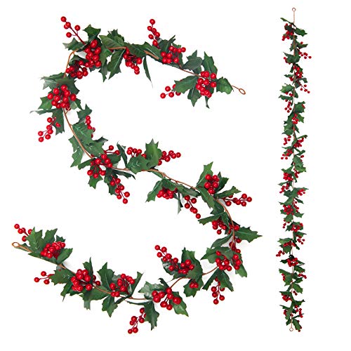 U'Artlines Total 11Ft Christmas Garland 2PCS Artificial Holiday Hanging Garlands Christmas Vine with Red Berries for Stairs Wall Fireplace Mantel Indoor Outdoor Decor (2pcs Red Berries Garland)