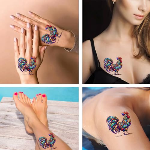 Rooster Temporary Tattoos for Men Women - 6 Sheets