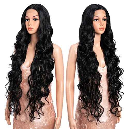 Style Icon 36" Lace Front Wigs Multi-Layered Super Long Big Curl Black Wigs With Baby Hair 130% Density Heat Resistant Fiber Synthetic Wig (36 Inch, 1B)