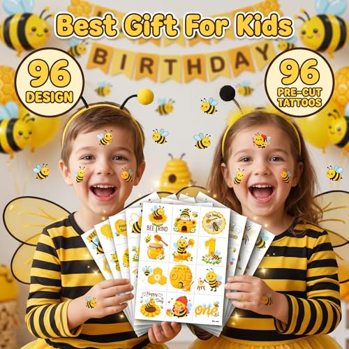 96-Piece Bee Temporary Tattoos for Kids | Waterproof Party Favors