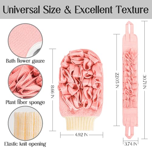 Deep Exfoliating Glove for Shower Double-Sided Mitt, with Extra Long Exfoliating Washcloth - Extreme Body & Back Scrubber for Shower, Massage Scrub Exfoliator & Bath Loofah Sponge (2-Pink)