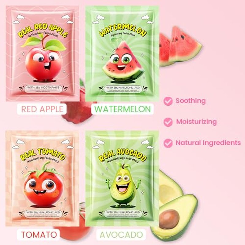 evpct 12-Pack Fruit Sheet Face Facial Masks for Women Skincare Spa, Facial Spa Day Slumber Sleepover Birthday Party Favors Supplies, Natural Ingredients, Hydrate and Soothe for All Skin Types, SetA01