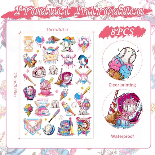 Baseball Drip Temporary Tattoos - 8 Sheets Ice Cream Party