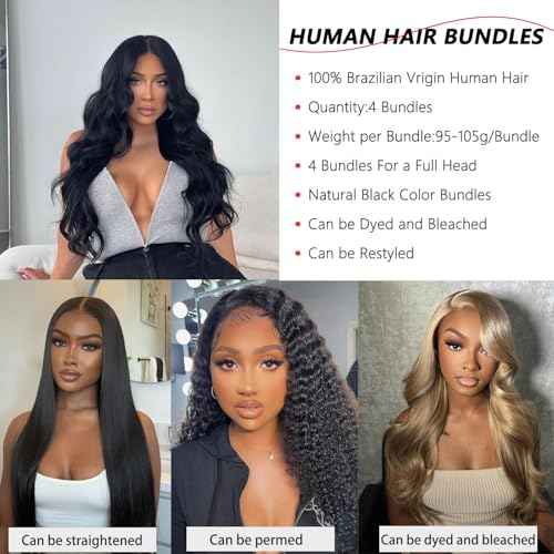 12A Human Hair Bundles Body Wave 4 Bundles Human Hair 20 22 24 26 Inch 100£¥ Unprocessed Brazilian Virgin Hair Quick Weave Wavy Human Hair Extensions for Women Natural Black
