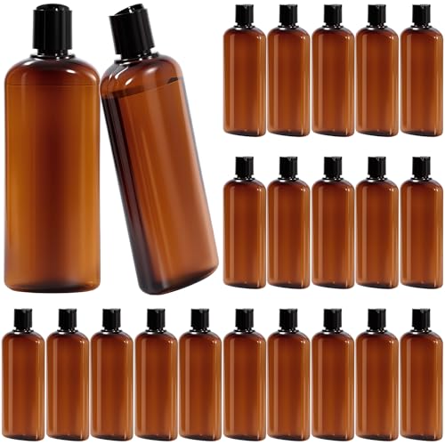 Domensi 24 Pcs 10oz Plastic Bottle Squeeze Containers with Disc Cap Travel Bottles Reusable Empty Toiletries Shampoo Containers Refillable Travel Bottles for Shampoo Lotions(Brown)