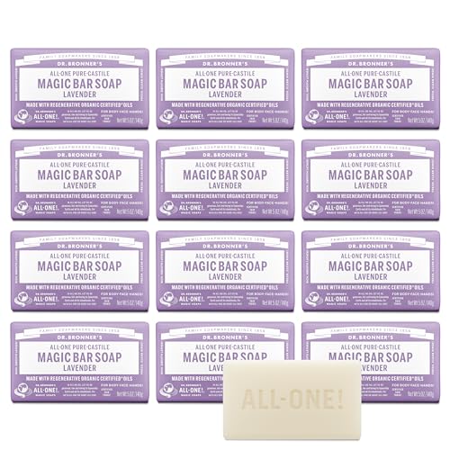 Dr. Bronner's Pure-Castile Magic Bar Soap (Lavender, 5 Ounce, 12-Pack) - Made with Regenerative Organic Certified Oils, For Face, Body & Hair, Gentle & Moisturizing, Biodegradable, Vegan, Cruelty-free