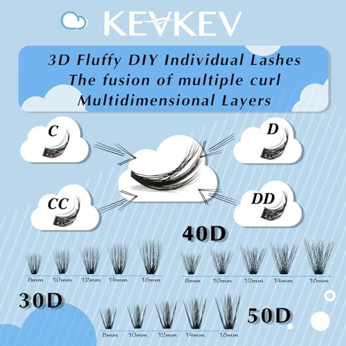 KevKev Lash Clusters Individual Lashes 3D Style Eyelash Clusters 320 Pcs Cluster Lashes 30+40+50D Wispy Volume Lashes DIY Lash Extensions Thin Band & Soft (Pluffy 30+40+50D,D-8-16mix)