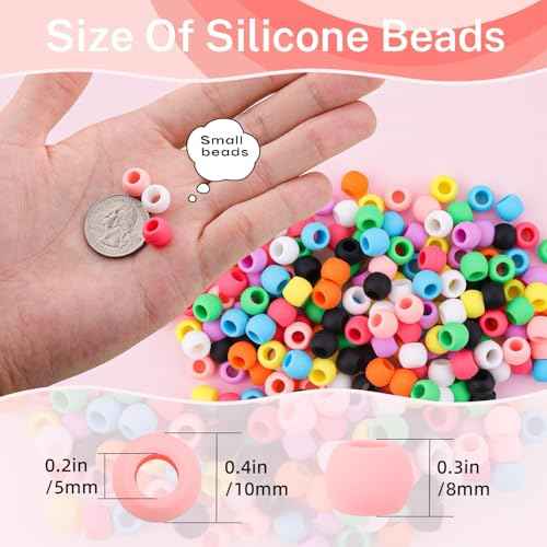 150Pcs 10mm Small Silicone Beads for Hair Braids, Soft Jellyish Pony Hair Beads with 5mm Hole + 50 Rubber Bands and 1 Beader for Braiding, DIY Bracelets Necklaces Crafts (Multicolors)