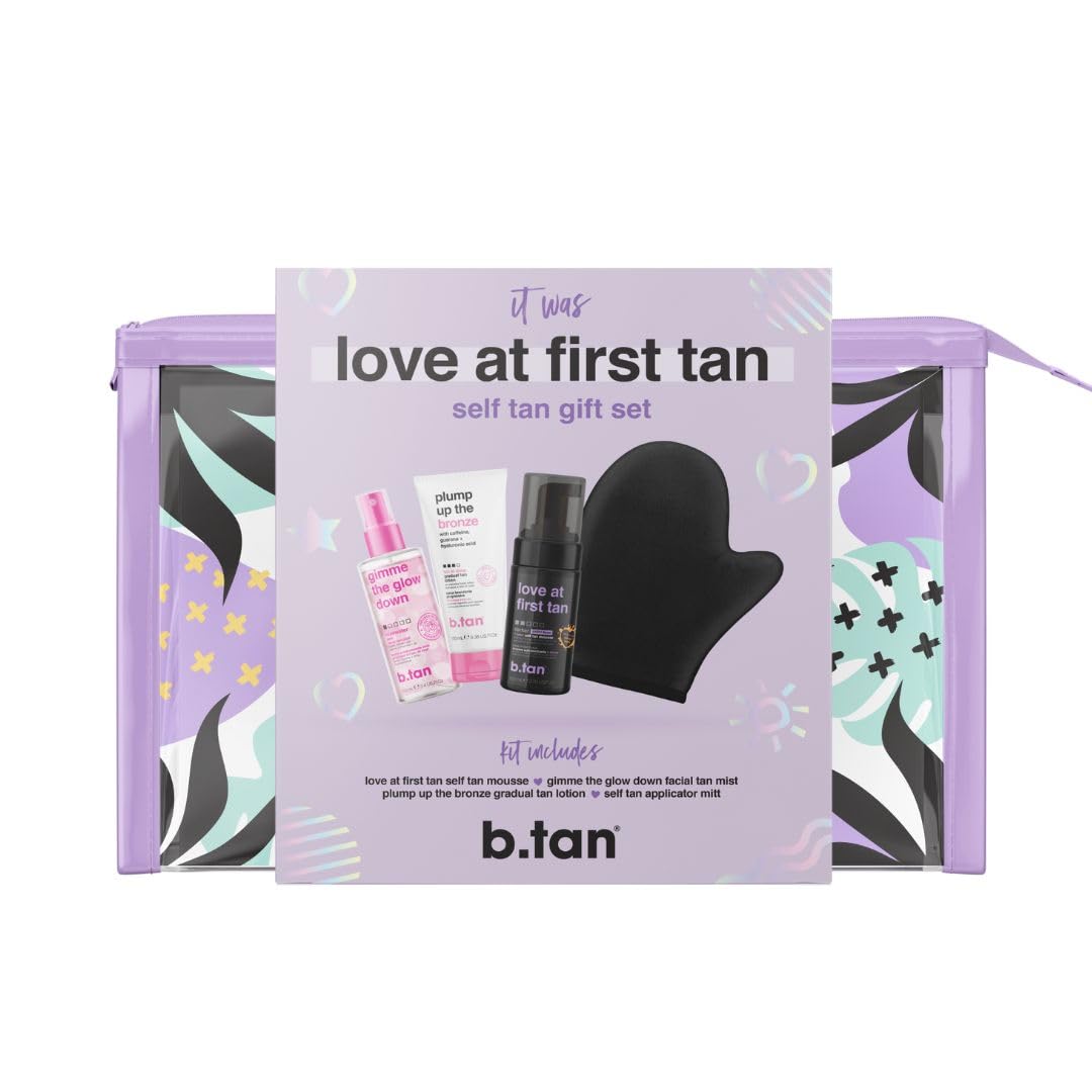 b.tan Self Tan Travel Kit | Love At First Tan Gift Set - Includes Mini Violet Self Tanner, Gradual Tanning Lotion, Dark Bronzing Drops, & Applicator Mitt