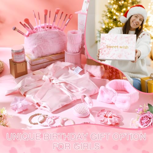 15 Pcs Birthday Gifts for Women Robe Sets for Women Spa Basket Set Graduation Gifts Bath Robe Make up Brushes Scented Candle Fluffy Socks Coffee Cup for Mom Nurse Girlfriend Wife(Pink)