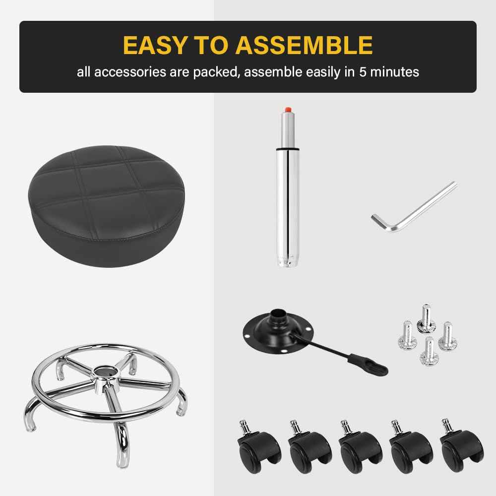 WKWKER Round Rolling Stool with Footrest PU Leather Height Adjustable 360° Swivel Stool with Wheels Office Chair Home Drafting Work Studio Shop SPA Salon Small (Grey)