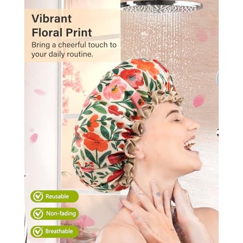 mikimini Large Shower Cap for Women Reusable Waterproof, Extra Large Hair Cap with Adjustable Elastic Band and Vibrant Floral Print, XL Bath Cap for Long Hair & Short Hair