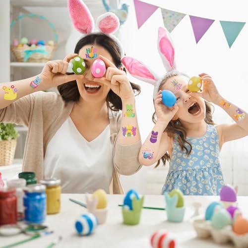 HOWAF 96pcs Easter Bunny Peeps Temporary Tattoos, Rabbits Tattoo Stickers for Kids Easter Party Supplies, Easter Eggs Tattoo Stickers Easter Face Tattoos Easter Gift Bag Filler