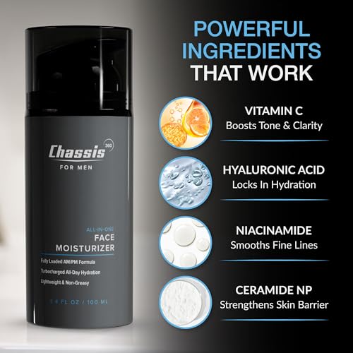 Chassis 360 All-In-One Face Moisturizer - Hydrating Face Moisturizer for Men with Vitamin, Niacinamide C & Hyaluronic Acid - Free From Phthalates, Parabens & Retinol - Facial Lotion- 3.4 Fl Oz