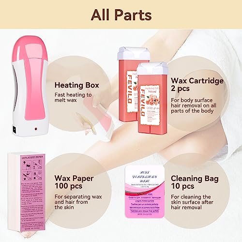 Hair Removal Kit for Hair Removal for Women and Men with Strip, Roll On Wax Kit with 2 Rose Soft Wax Cartridge & 100 Non-Woven Wax Strips, at Home Waxing Kit for Women, Soft, Pink
