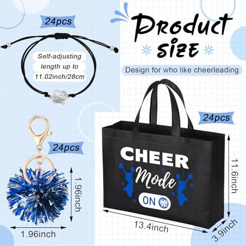 Landical 72 Pcs Blue Cheerleading Gifts 24 Cheer Bags Portable 24 Pom Pom Keychain 24 Cheerleading Bracelet Canvas Makeup Bag Bulk Cheer Gifts Female Teammates Toiletries Accessories