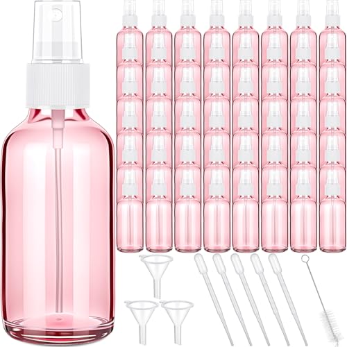 Nuogo 50 Pieces Mini Glass Spray Bottles Bulk 4 Oz Fine Mist Bottles with Funnel Dropper and Cleaning Brush Refillable for Essential Oils, Perfumes and Aromatherapy (Pink)