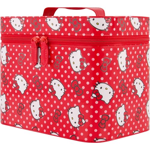 Hello Kitty Large Cosmetic Travel Case Organizer, Portable Makeup Box with Mirror and Dual Zipper