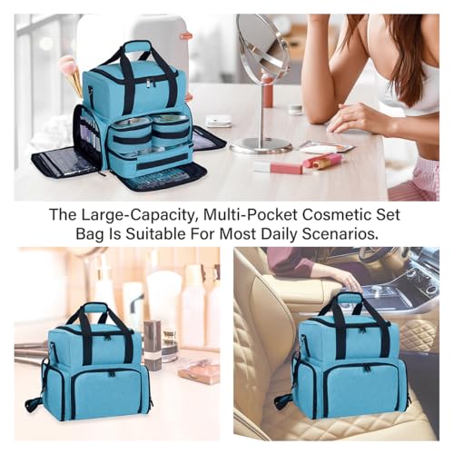 Large Makeup Cosmetic Bag with 3 Removable Case and 2 Removable Dividers Double Layer Travel Storage Organizer, Makeup Brushes Storage Section Lake Green