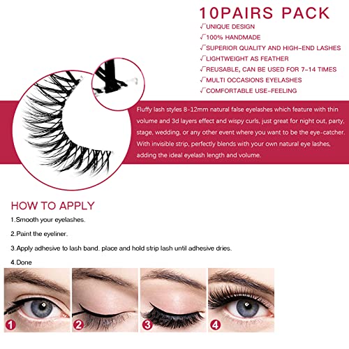 False Lashes 3D Cat-Eye Volume Eyelashes Clear Band Lashes Natural Look Faux Mink Invisible Strip Wispy Fake Lashes 10 Pairs