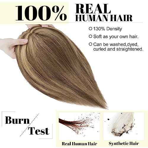 SEGO Hair Toppers for Women With Bangs Real Human Hair, 130% Density 10 * 12CM Silk Base Clip in Top Wiglet Hairpieces for Thinning Hair-14 Inch 4P27 Medium Brown&Dark Blonde