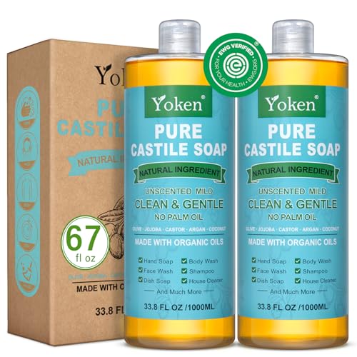 Yoken Pure Castile Soap Liquid Unscented 67 fl oz Castile Liquid Soap Made With Organic Oil, Clean & Gentle, No Palm Oil,Vegan, Natural Castile Soap for Face Body Wash, Hand Soap, Dishes Multi-purpose