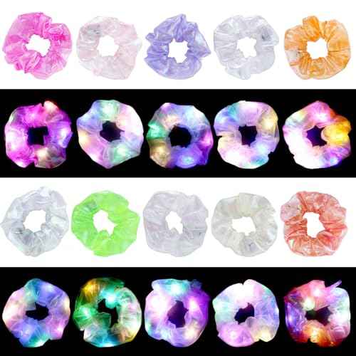 20PCS LED Scrunchies, Light up Women Girls Luminous Hair Strands, Colorful Meteor Yarn Hair Bands with 3 Light Modes, Glow in The Dark for Christmas Carnival Party Supplies