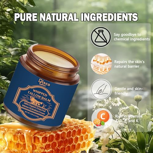 100% Grass Fed Whipped Beef Tallow Balm, Ultra Moisturizing Skin Cream for Face, Body Hands, Natural Skincare with Honey Coconut Oil Olive Oil and Avocado Oil for All Skin (1)