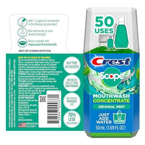 Crest Scope Mouthwash Concentrate, Travel Size Mouthwash, Original Mint Flavor, Helps Freshen Breath, 2 Pack -50 ml Squeeze Bottles