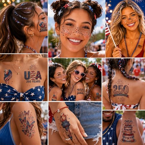 Patriotic Temporary Tattoos Set 106 Pcs with Face Glitter
