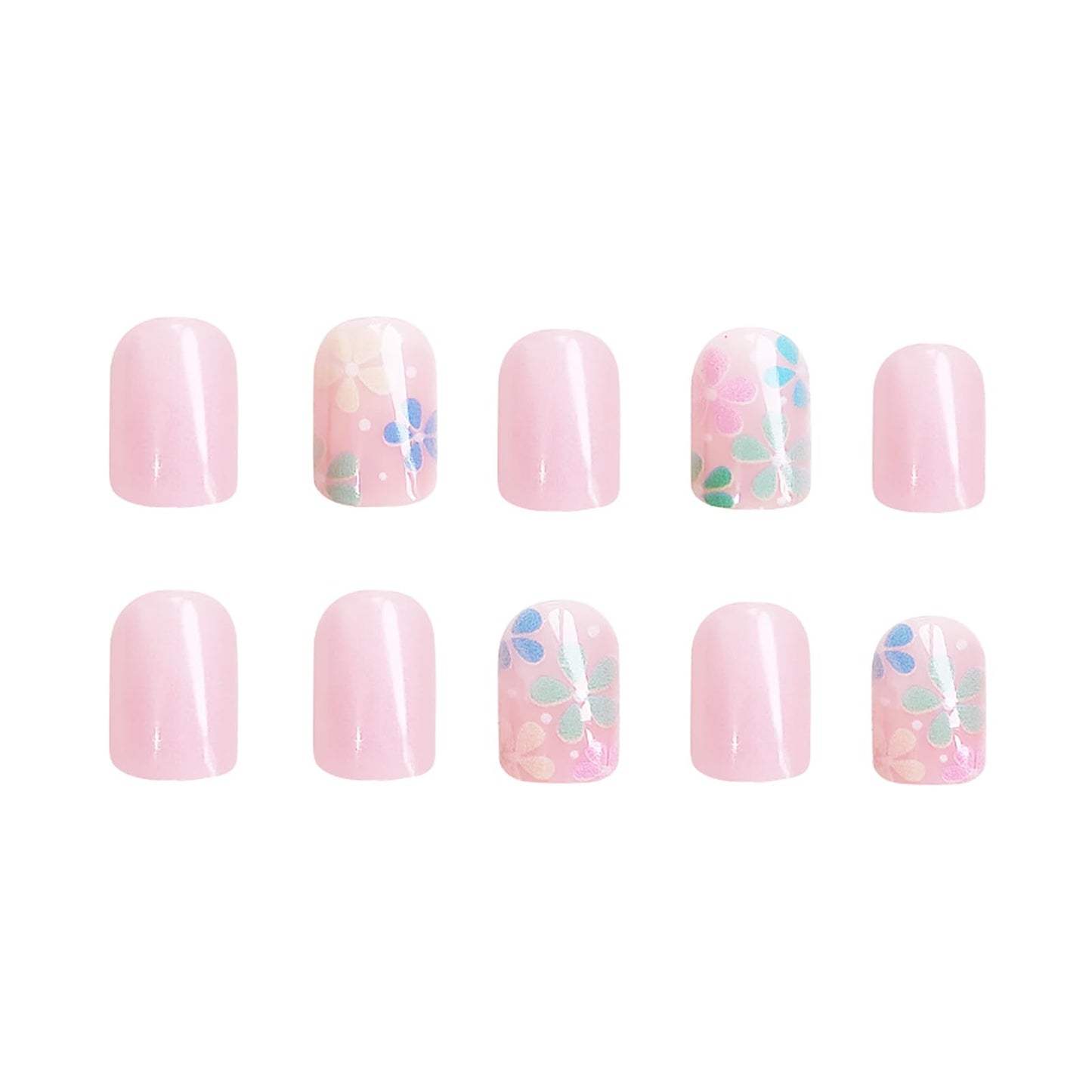 24Pcs Colorful Flower Press on Nails Short Square Fake Nails Spring Press on Nails Light Pink Acrylic Nails Full Cover Glossy False Nails for Women and Girls Stick on Nails Spring Summer Nail Art