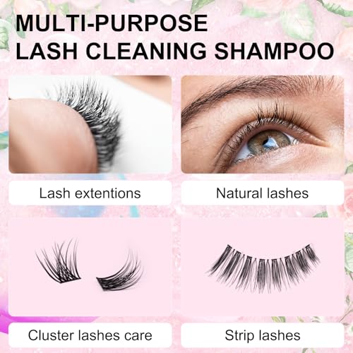 Lash Shampoo Kit for Lash Extensions, Eyelash Extension Cleanser Lash Cleaner Lash Cleaning Kit for Cluster Lashes Lash Bath with Makeup Pad+ Brush+Rinse Bottle, Oil Free Foam