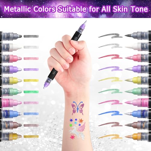 Temporary Tattoo Markers with 8 Stencils - 10 Dual-End Metallic Pens